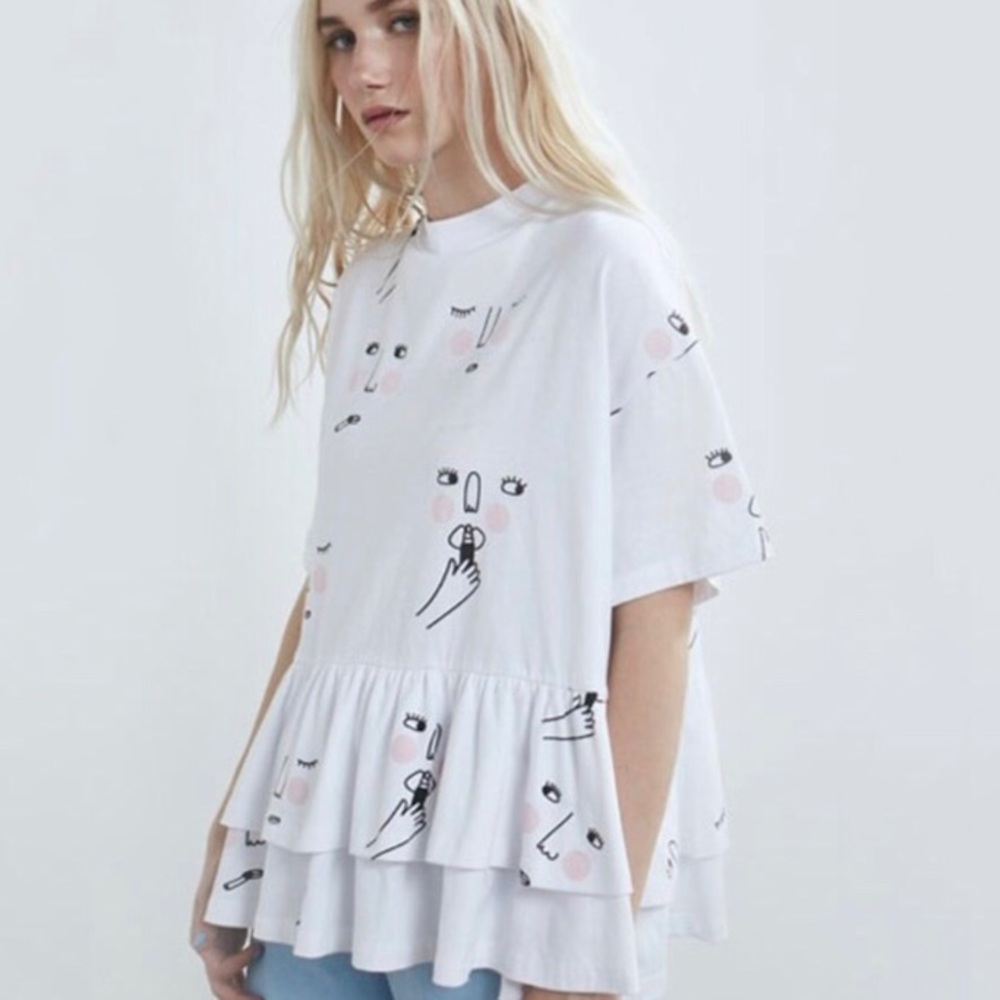 RARE Lazy Oaf faces peplum Tee